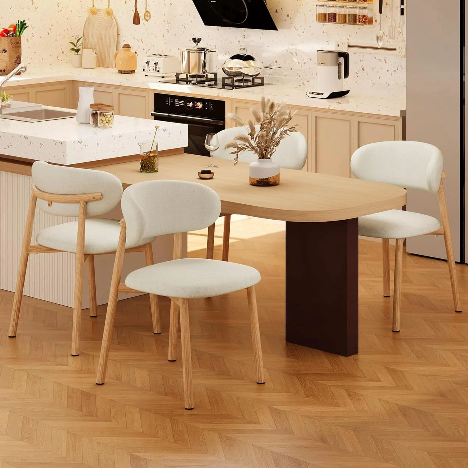 Sustainable Beige Linen Upholstered Dining Room Chairs Metal Legs Superior