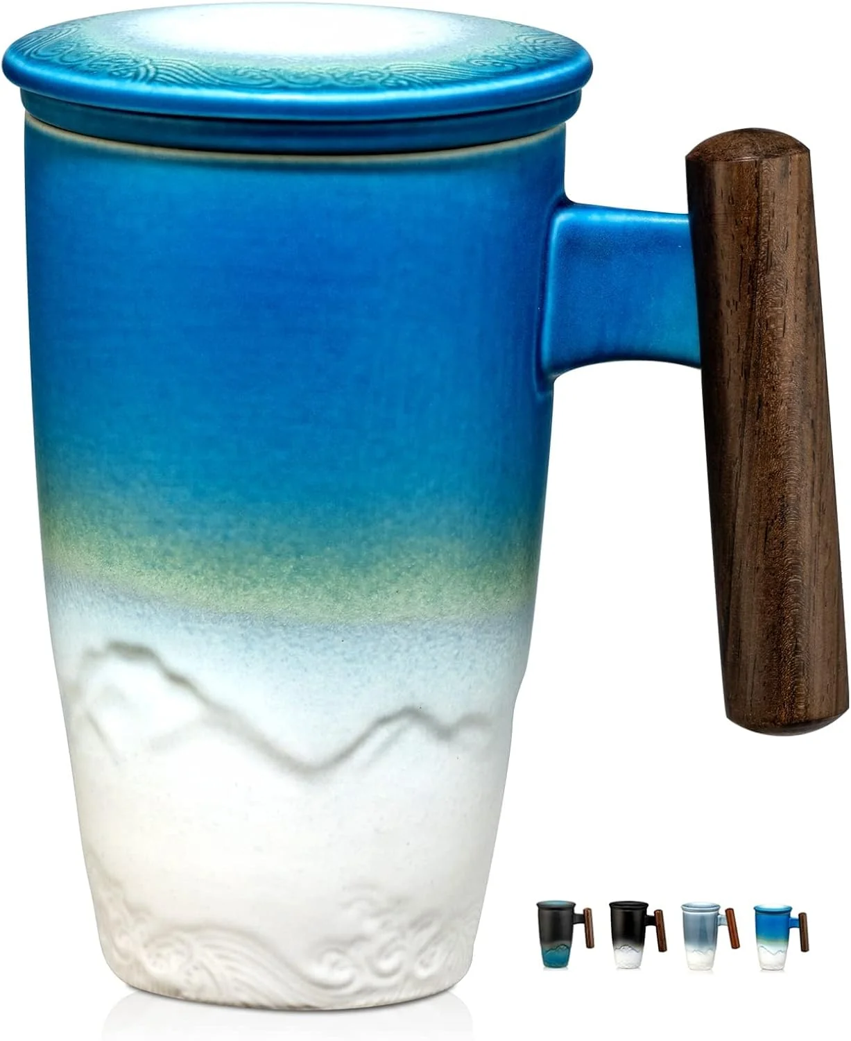Unique suyika Tomotime Ceramic Tea Cup with Infuser and Lid Tea Mugs Wooden Handle 400ml 13.5oz Cyan blue Original