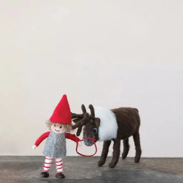 Excellent Elf and Caribou Wool Felt Figures Detailed