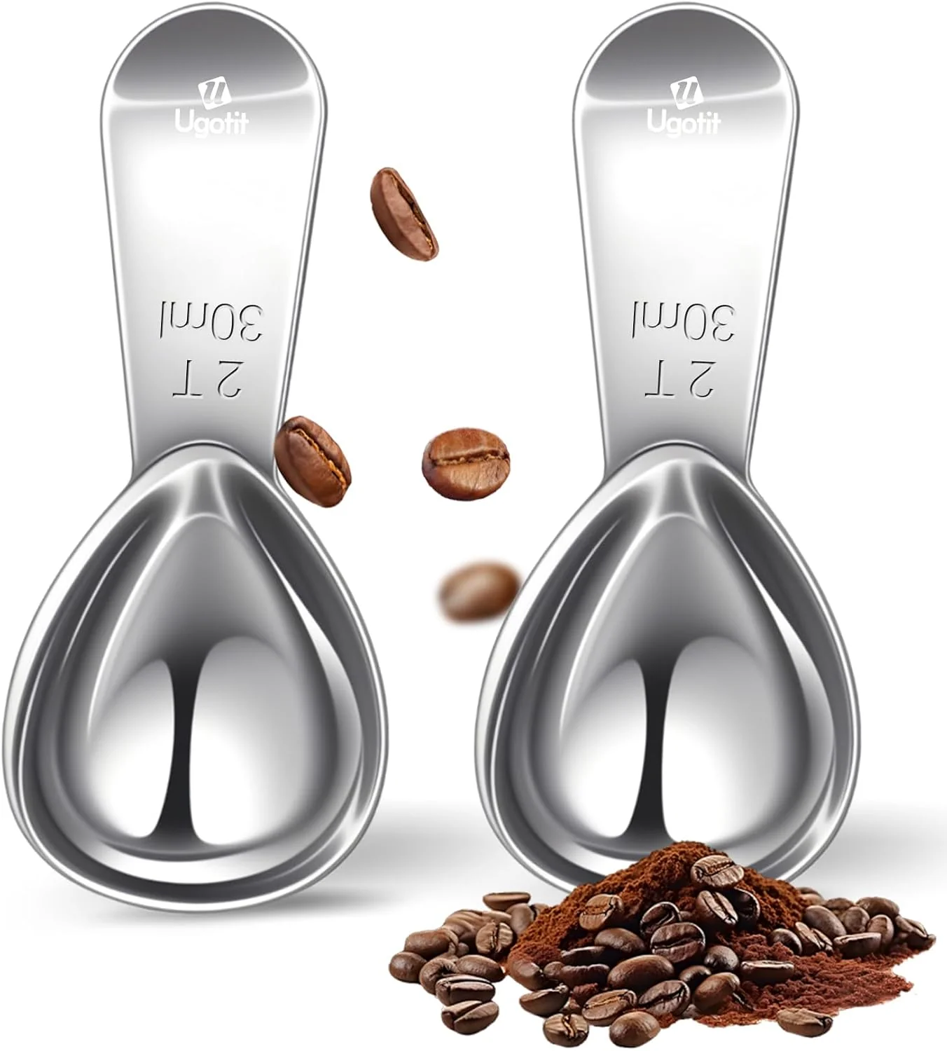 Genuine Ugotit Coffee Scoop for Ground Coffee 2 Tablespoon Measuring Scoop Stainless Steel Coffee Scoop Heavy-Duty Short Handle Fits Canisters for Coffee Beans Protein Powder Espresso 2 Pack Certified