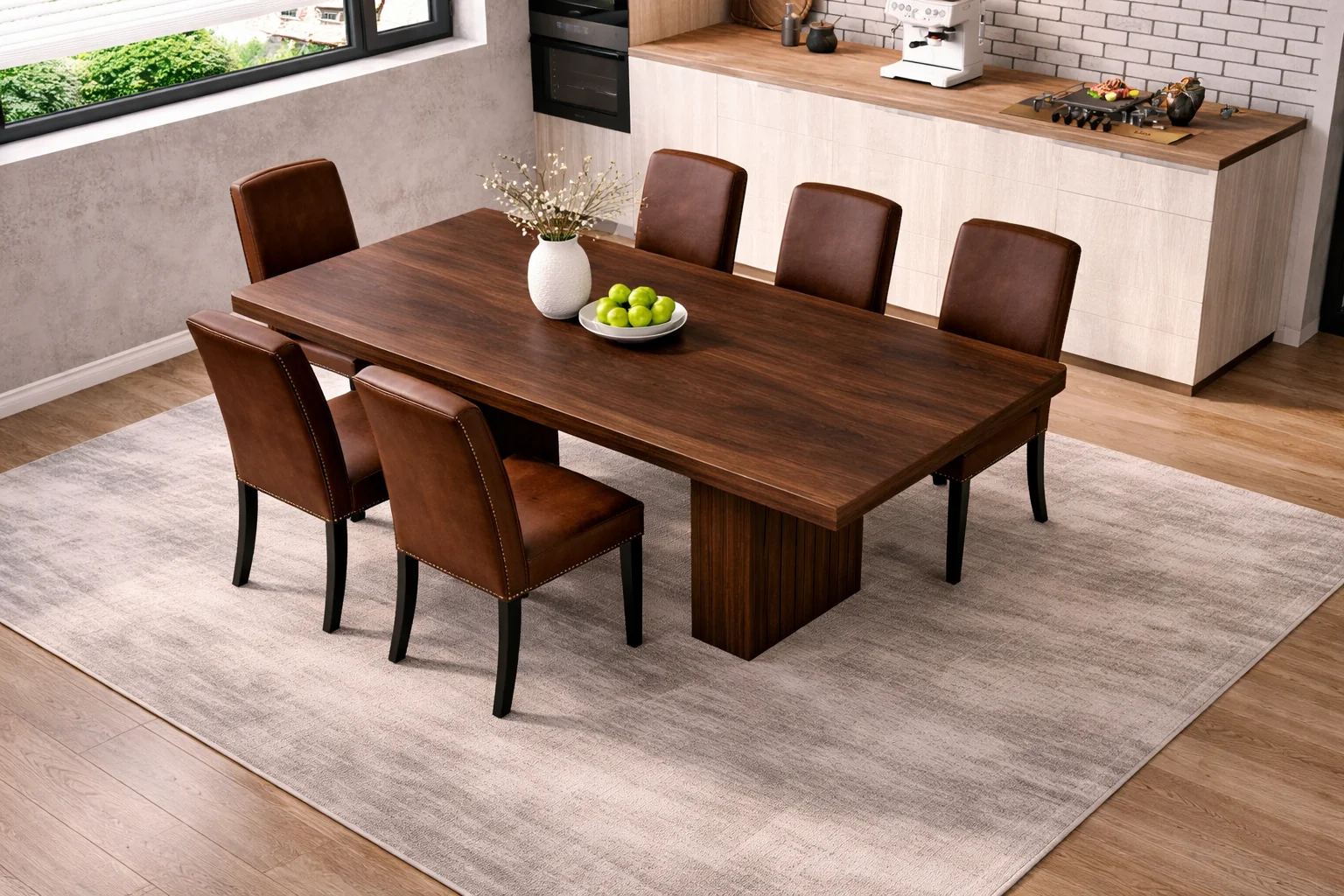 Original Design 78 Inch Walnut Fluted Dining Table with 6 PU Leather Nailhead Dining C Traditional