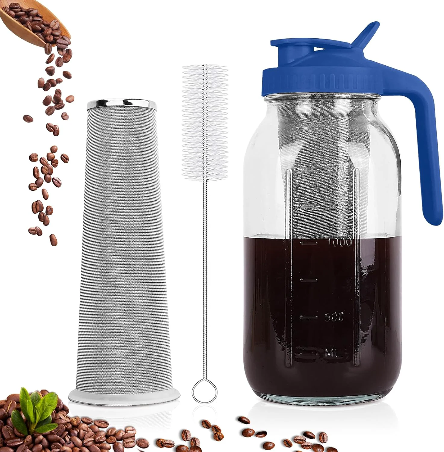 Exceptional Cold Brew Coffee Maker 64 oz Mason Jar Pitcher with Stainless Steel Filter Pour Spout Handle Lid Smooth