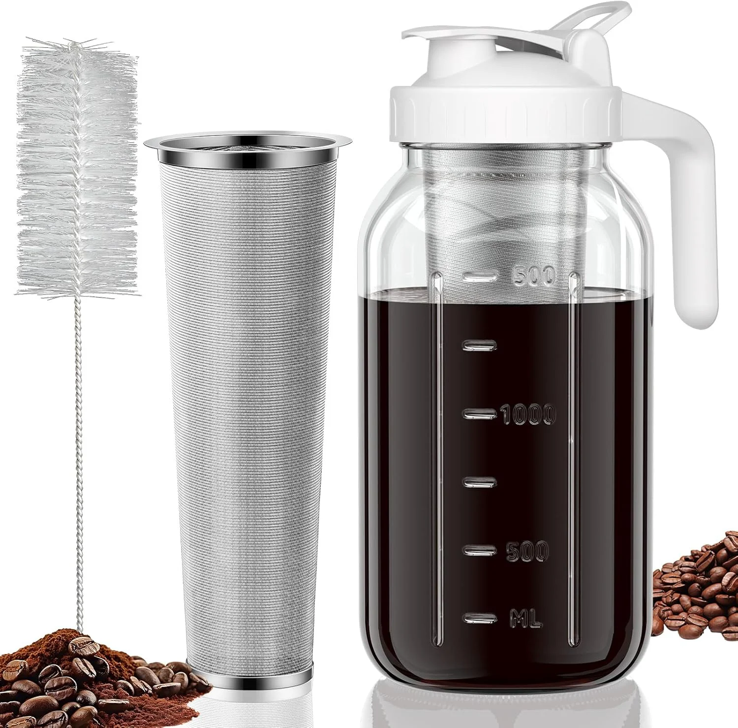 Artisan Cold Brew Coffee Maker Jar – 64oz Thick Glass Multipurpose Mason Pitcher Spout Lid with Handle Stainless Steel Filter for Iced Coffee Lemonade Durable