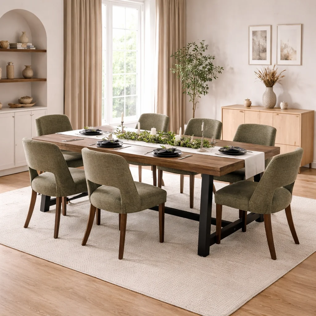 Innovative Natural Wood Dining Table with 6 Upholstered Chairs Dining Set Table Certified