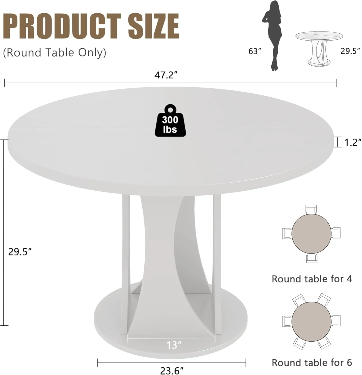 High-End Round Dining Table 47 Inch White Finish Living Room Area Dependable
