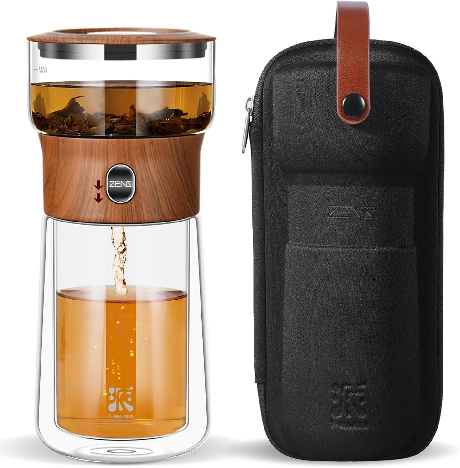 Outstanding ZENS Glass Infuser Teapot One Touch Tea Maker for Loose Leaf Tea Walnut Modern Tea Diffusers Tea Pot with 9oz Insulated Mug and Portable Bag for Tea Lovers Gifts Solid