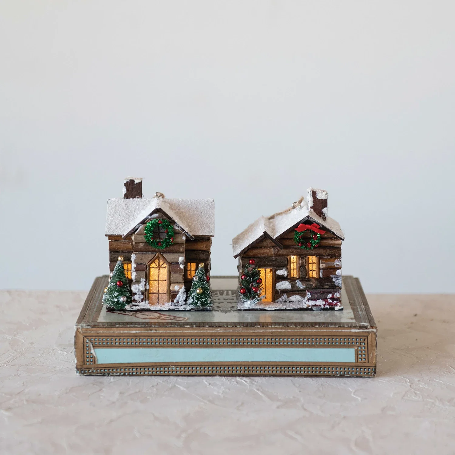 Contemporary Wood Cabin Ornaments with LED Lights Original