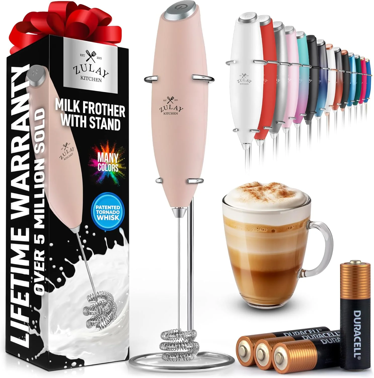Recyclable Zulay Kitchen Tornado Whisk Milk Frother with 4 AA Duracell Batteries – Triple Whisk for More Power – Handheld Coffee Frother with Stand Durable