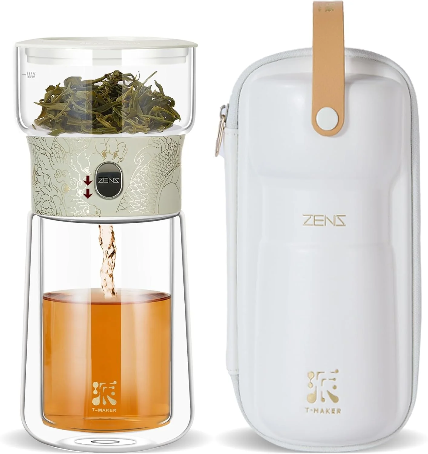 Genuine ZENS Glass Tea Infuser Pot Modern One Touch Tea Maker for Tea Steeping Loose Tea Diffusers Tea Pot with 9oz Insulated Mug and Portable Bag for Tea Lovers Gifts Dragon Original