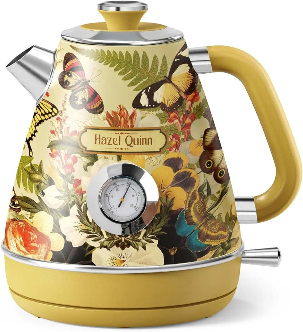 Powerful Hazel Quinn X Eduardo Recife Retro Electric Kettle with Thermometer Floral 1200W Fast Water Boiling 1.7L 57oz All 304 Stainless Steel Interior BPA- Auto Shut-Off Cordless Retro Teapot Home Verified