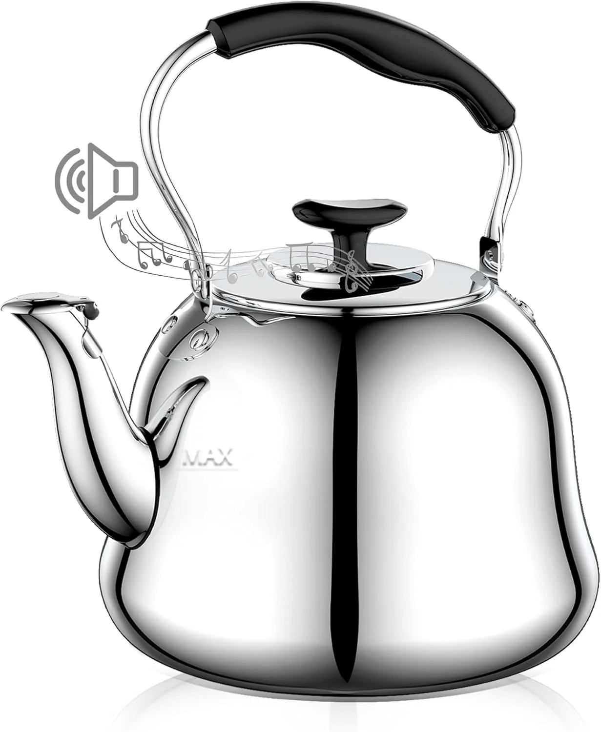 Premium 2L Whistling Stovetop Tea Kettle 304 Food Grade Stainless Steel – Boil Alert Whistle Not Auto Shutoff Folding Cool-Touch Handle Gas Electric Ceramic Compatible Max Safe Fill 1.6L 6 Cups Fast