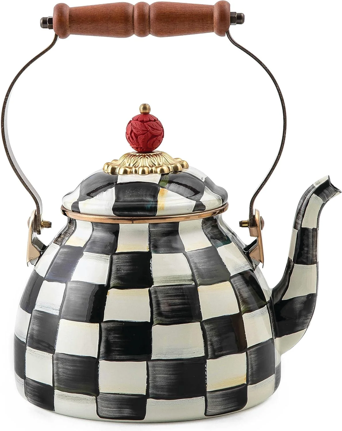 Superior MACKENZIE-CHILDS Enamel Tea Kettle Stylish Tea Kettle for Stovetop Black-and-White Courtly Check 2 Quarts Professional