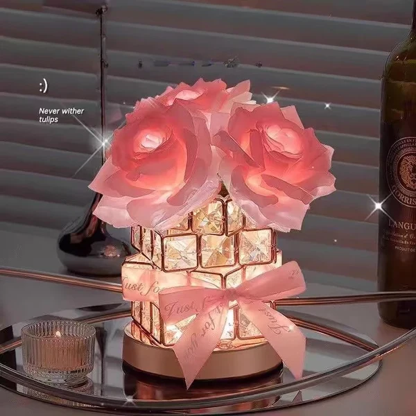 World-Class Romantic Rose Crystal Cube Table Lamp Easy-to-Use