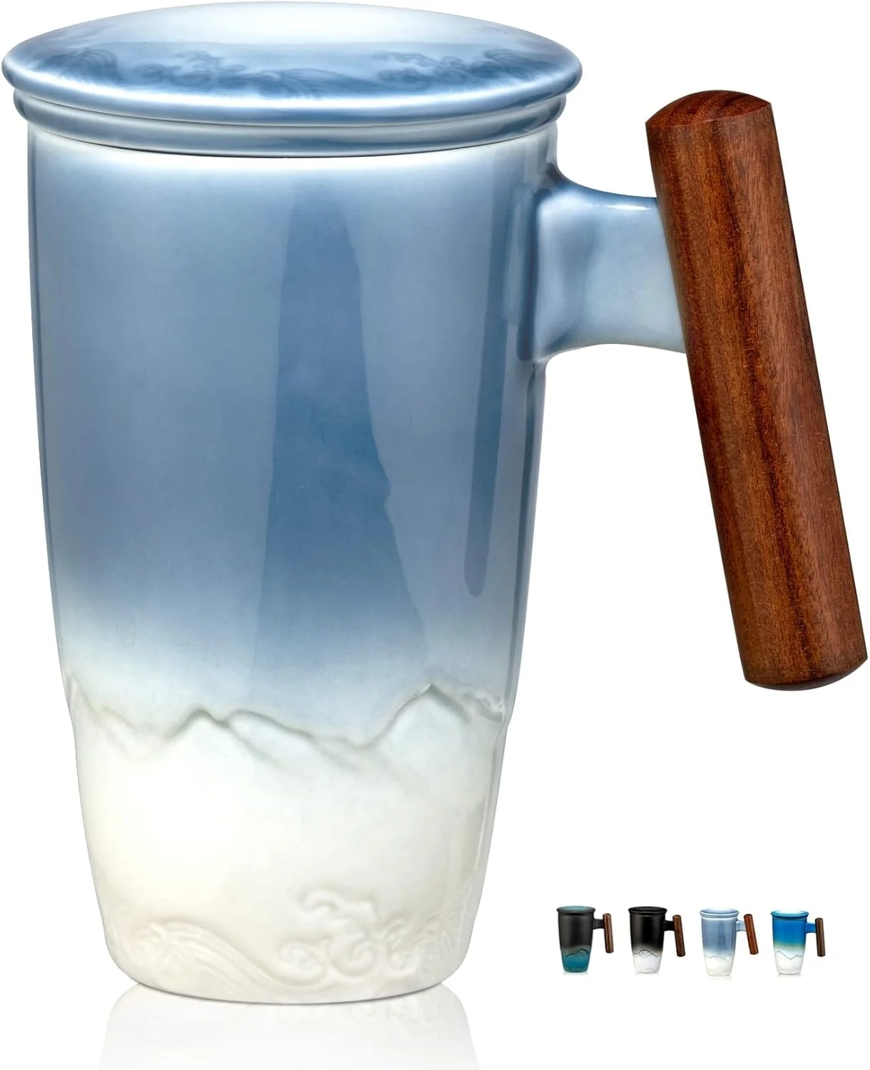 Original suyika Tomotime Tea Cup with Infuser and Lid 400ml Ceramic Tea Mugs Smooth Inner Wall Wooden Handle 13.5 oz Blue Clean
