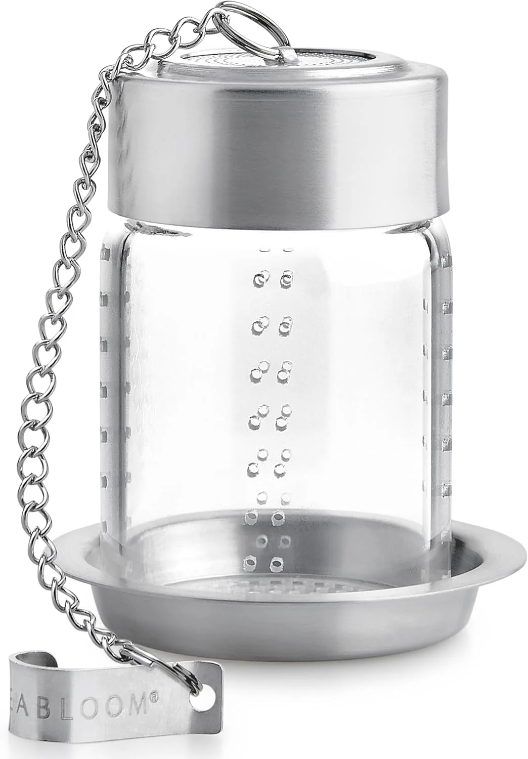 Reusable Teabloom Puresteep Glass Tea Infuser with Lid Drip Tray – Borosilicate Glass Loose Leaf Steeper with Stainless Steel Chain – Non-Toxic Environmentally Friendly