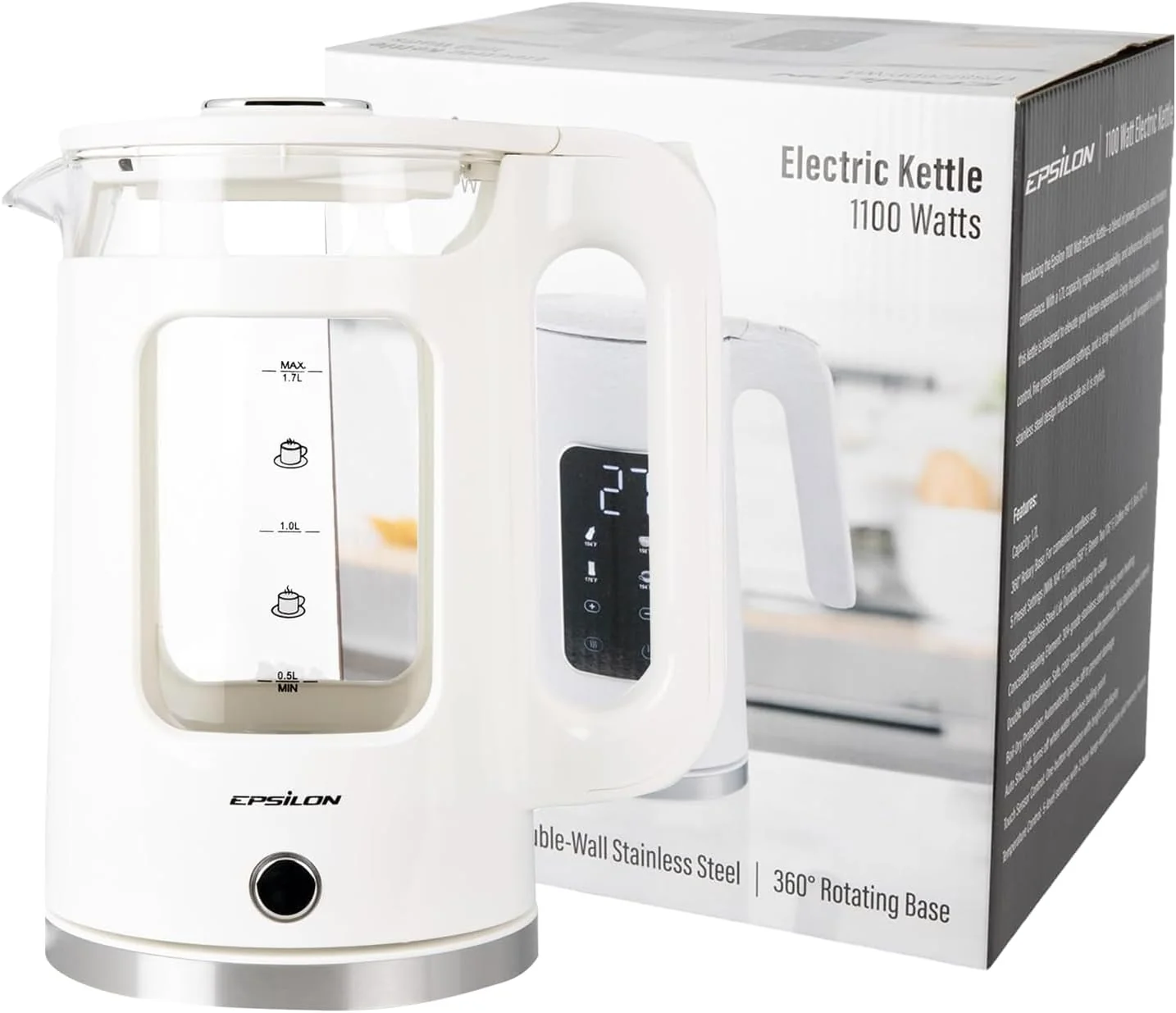 Smart Epsilon 1.7L Glass Electric Kettle – Hot Water Tea Kettle with LED Light Stainless Steel Borosilicate Glass Auto Shut-Off Classic