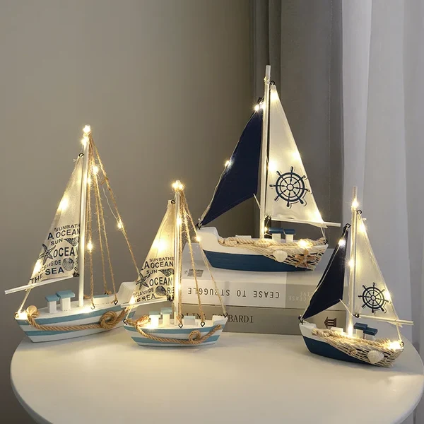 Effective Mediterranean Wooden Sailboat Decor with LED Lights Natural