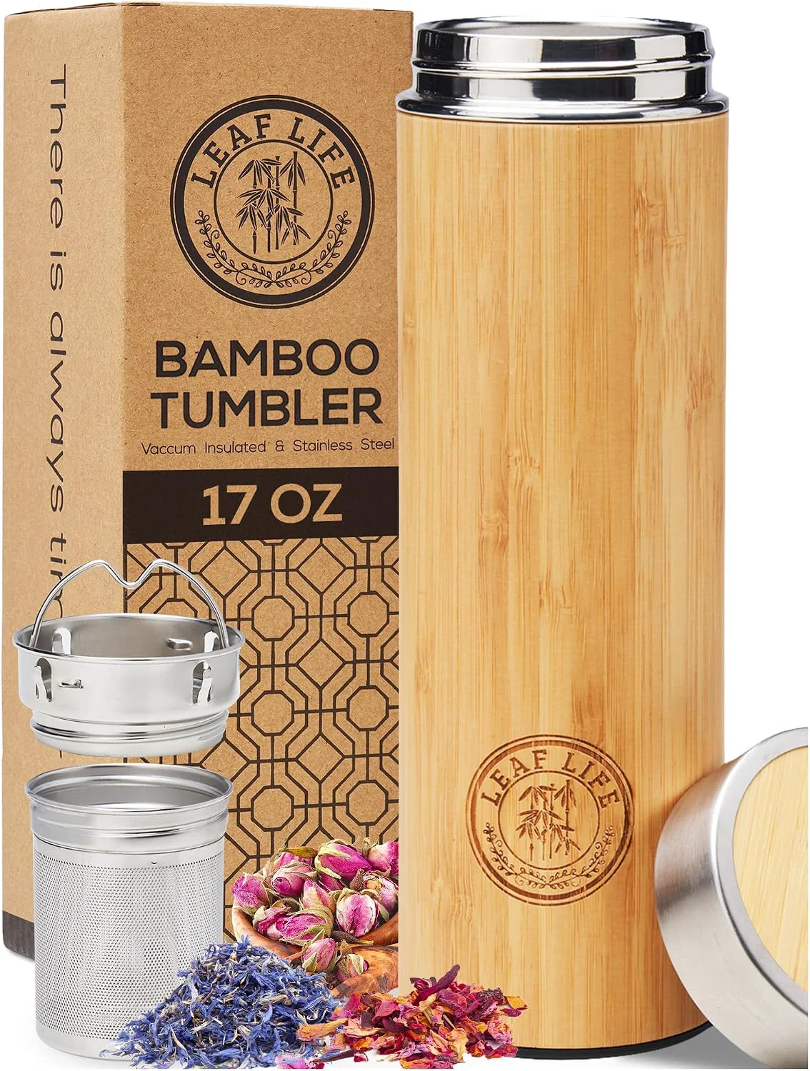 Contemporary LeafLife Premium Bamboo Tea Tumbler with Infuser for Loose Leaf Tea Insulated Coffee Bottle Stainless Steel Gift Set Leakproof Travel Mug 17oz High-Performance