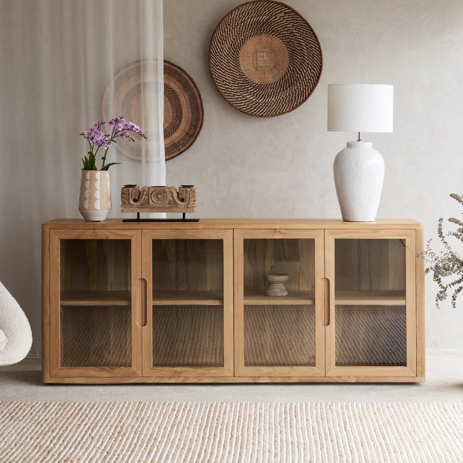 Original Design Bromo Sideboard 4 Glass Doors – Old Teak Natural 200cm Top-Quality