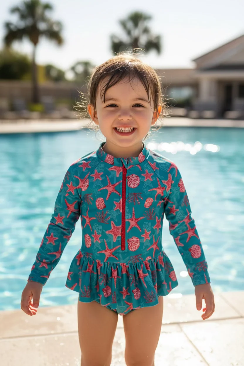 Fashionable Infant Girl's Printed Long Sleeve Rash Guard One-Piece with Ruffled Skirt by Love Reusable