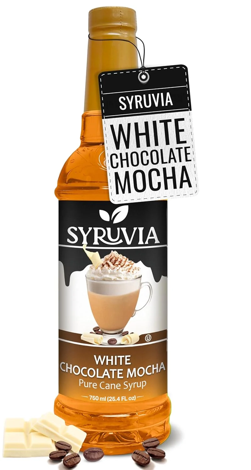 Casual Syruvia White Chocolate Mocha Syrup For Coffee 25.4 Oz. – Kosher Gluten No Coloring for Drinks Soda Shakes Desserts and More. Selected