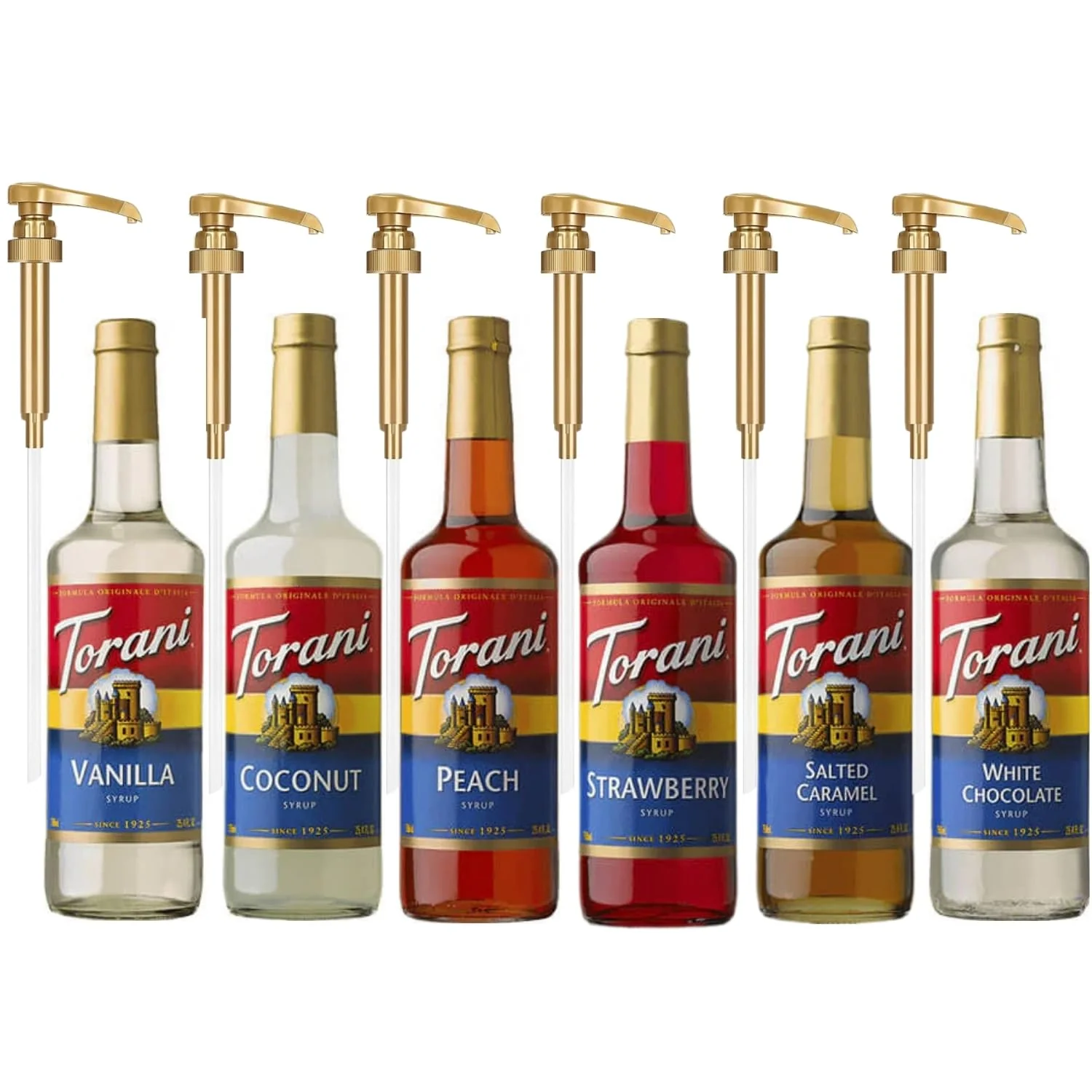 Functional sellers Syrup Variety 6-Pack – Vanilla Peach Strawberry Coconut Salted Caramel White Chocolate – Coffee Italian Soda Flavor Syrup with 6 Jimoco Dispenser Pumps Exclusive