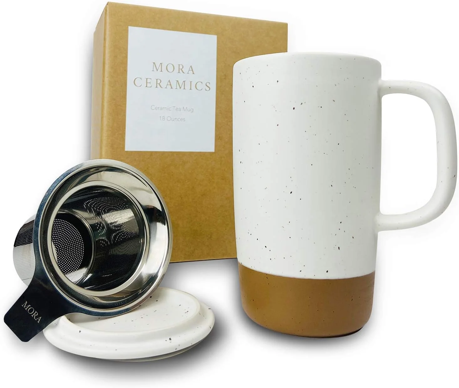 Lightweight Mora Ceramics Large Tea Mug with Loose Leaf Infuser and Ceramic Lid 18 oz Portable Microwave and Dishwasher Safe Tall Coffee Cup Solid