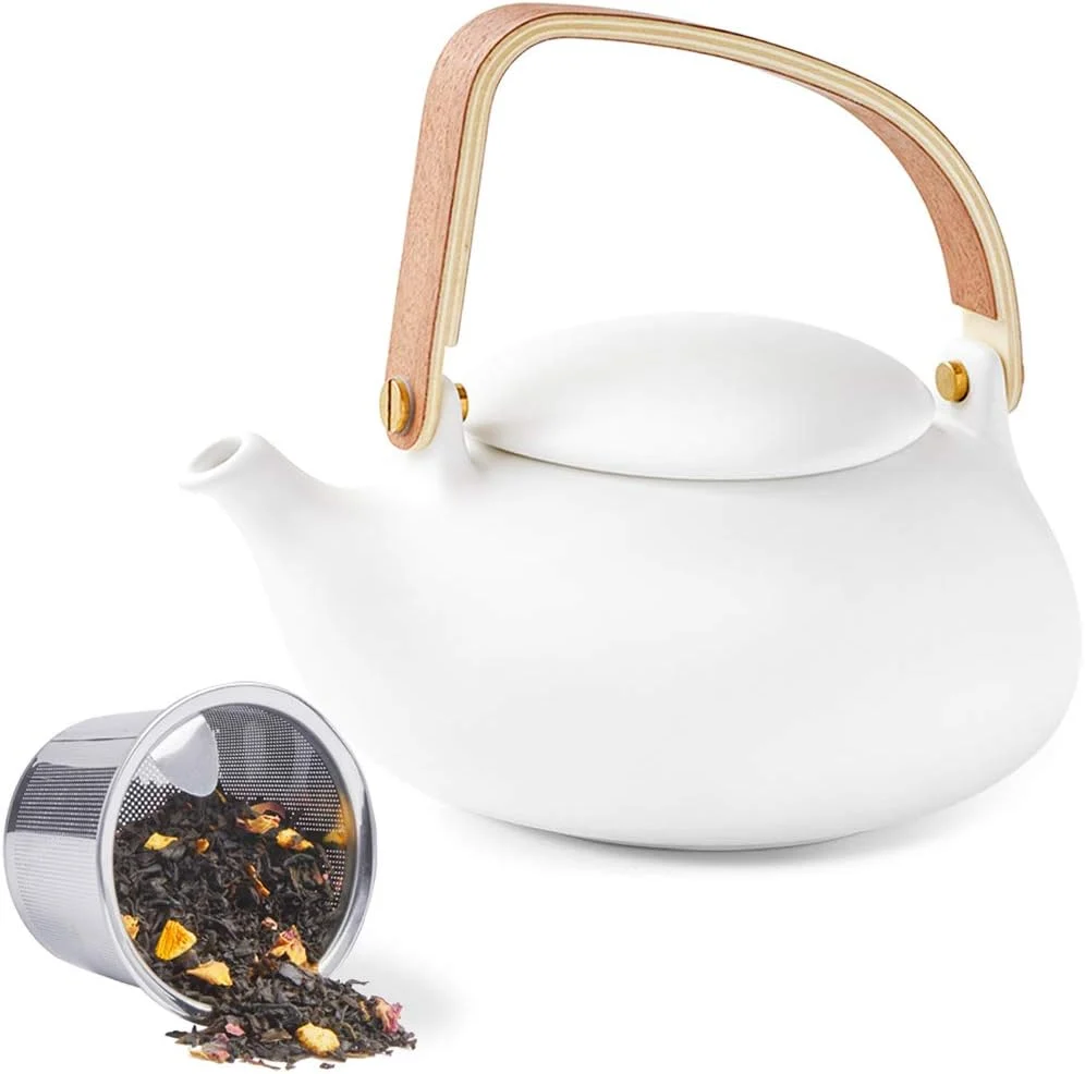 Trusted ZENS Ceramic Teapot with Infuser 27oz Japanese Teapot for Loose Leaf Tea Matte White Minimalist Tea Pot with Infusers for Loose Tea Steeper for Women Gifts Modern Bentwood Handle Certified