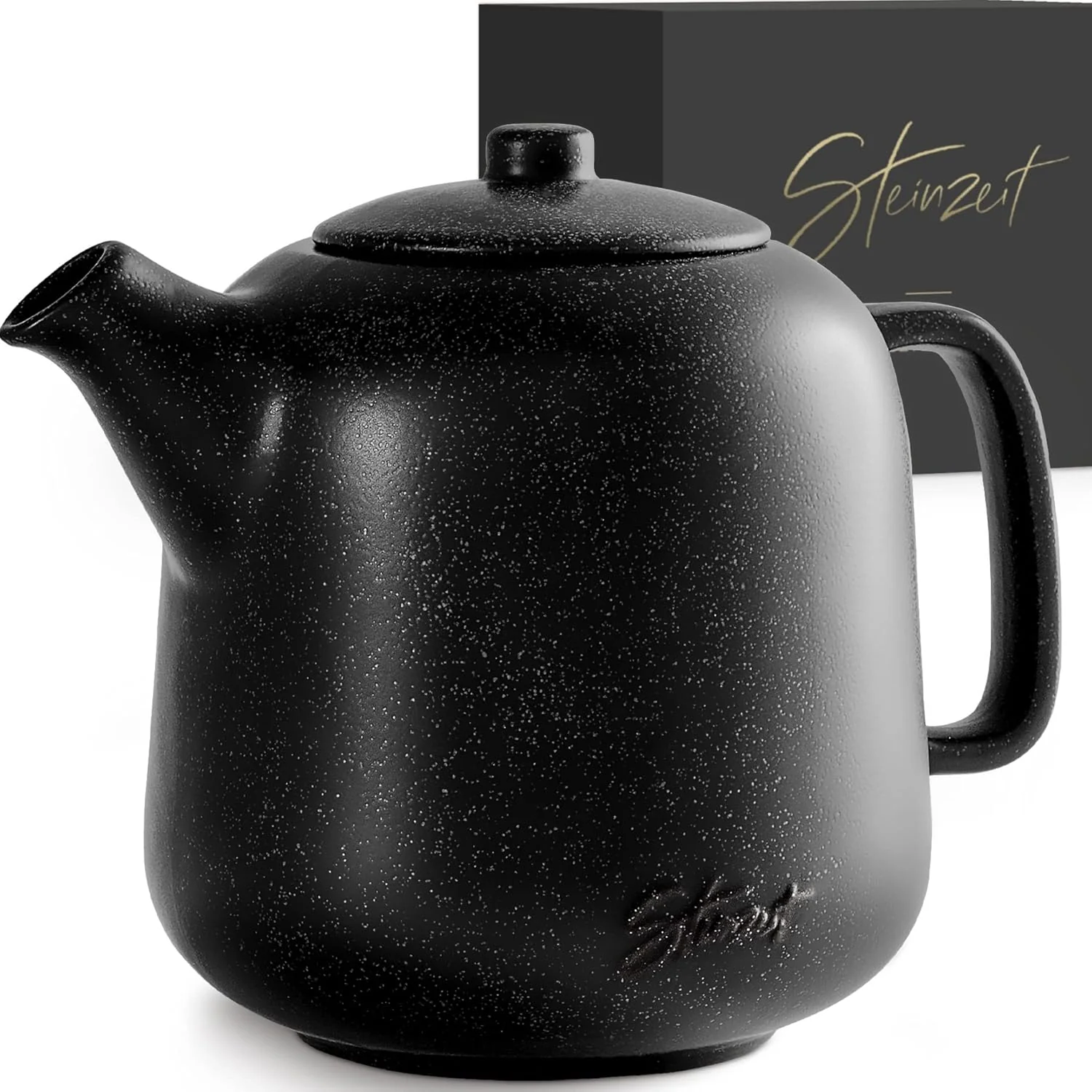 Specialty Steinzeit Design Tea Pot 44 oz – Premium Ceramic Teapot with Infuser for Loose Tea – Black Teapot Ceramic with Removable Strainer Prestigious