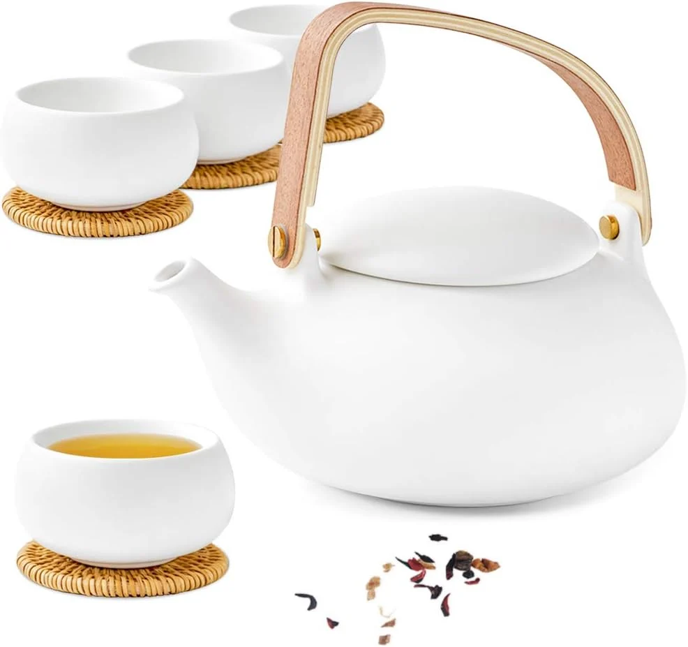 Solid Zens Modern Japanese Tea Set 27 oz Ceramic Japanese Teapot with Fine Stainers and 4 Cups for Loose Leaf Tea Steeper Relaxed