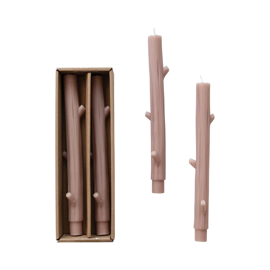 Minimalist Unscented Twig Shaped Taper Candles Khaki Color Set of 2 Dependable