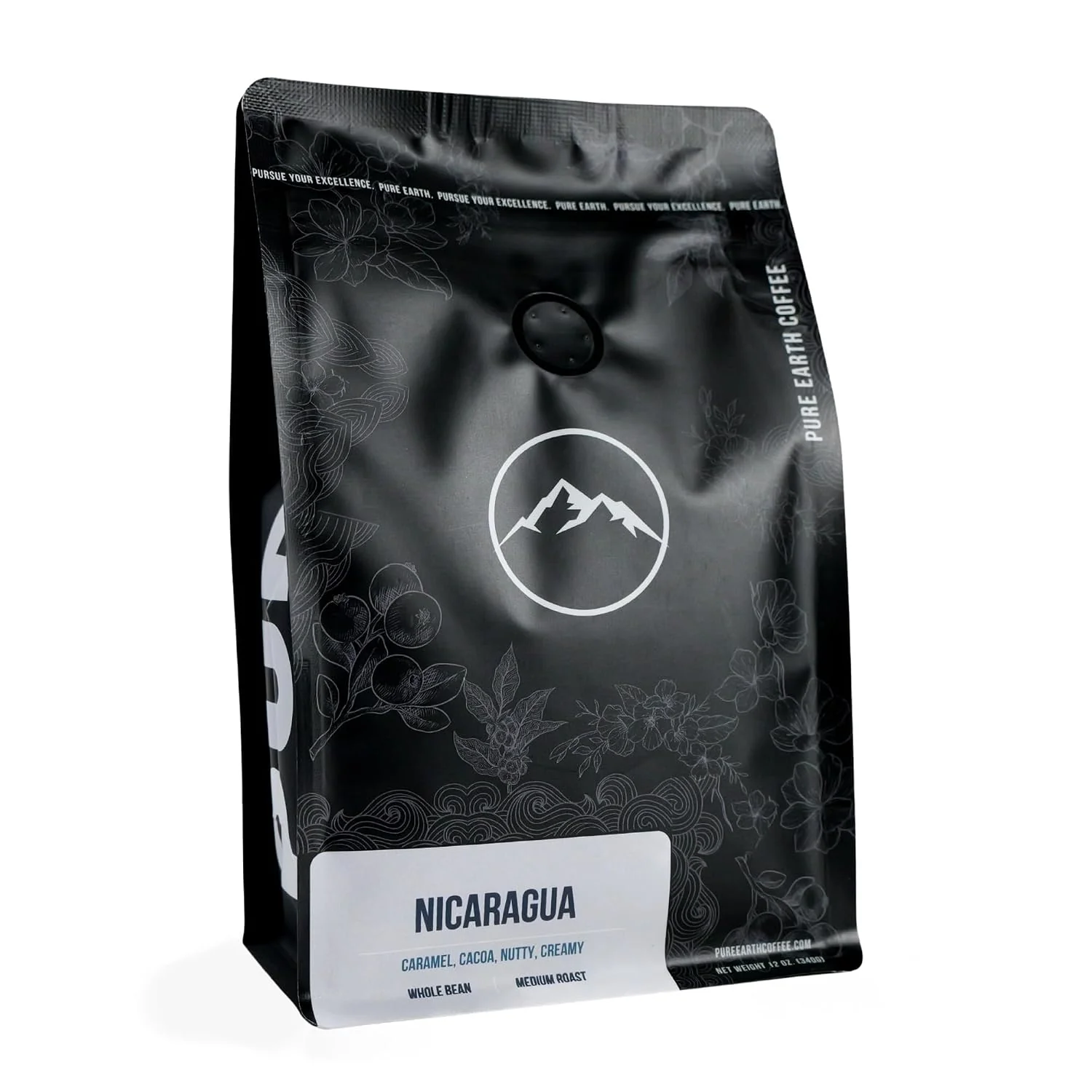 Organic PURE EARTH COFFEE CO. Whole Bean Coffee Nicaragua Single-Origin Beans Medium Roast Low Acid Gourmet Specialty Grade Coffee Caramel Chocolate Nutty Flavor Notes 12oz Prestigious
