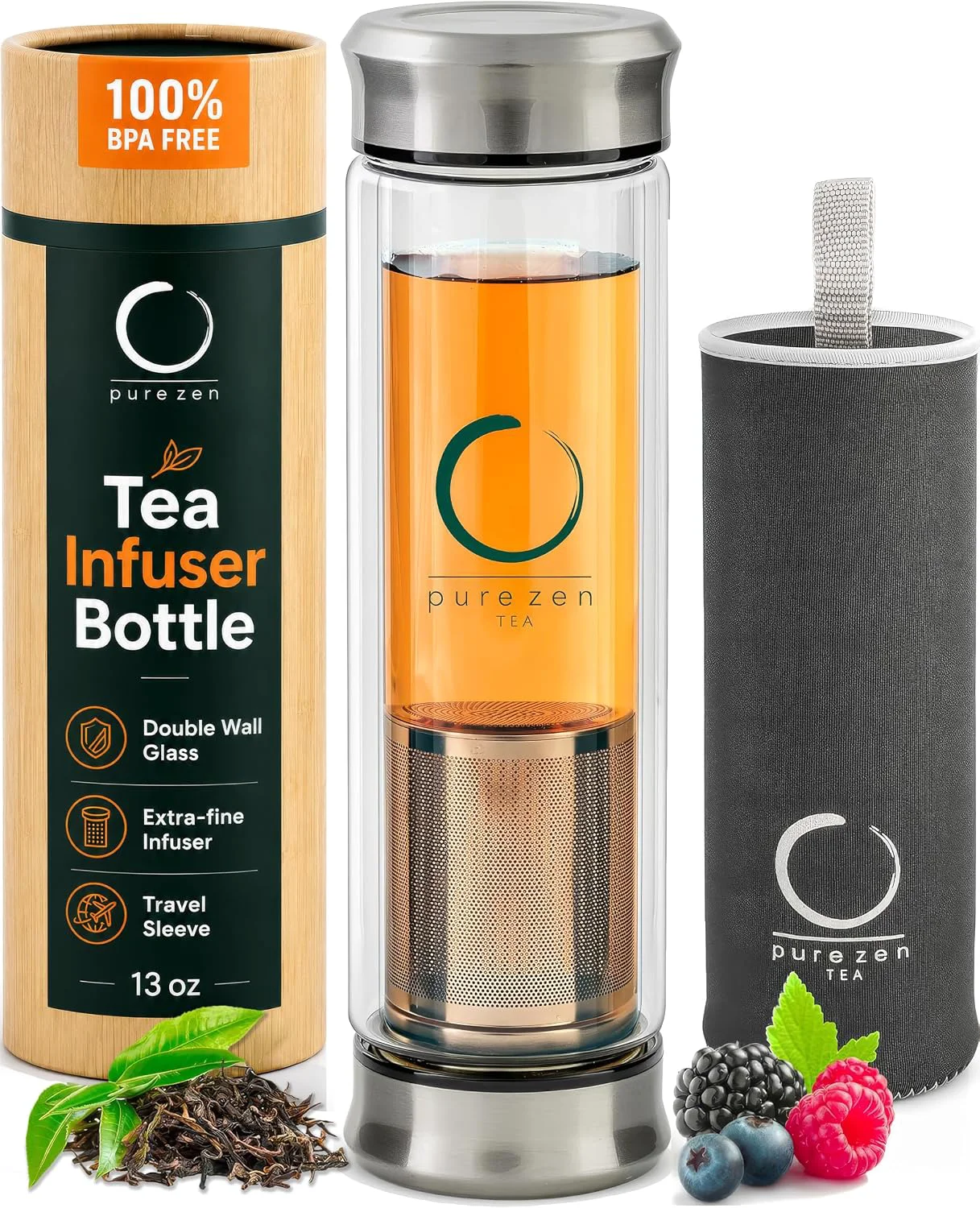 High-Performance Pure Zen Tea Infuser Bottle – Double Wall Glass Travel Mug with Stainless Steel Filter – Leakproof Tea Tumbler with Infuser for Loose Leaf Infusions and Fruit Infused Water – Unique Gift Set – 13 oz Original