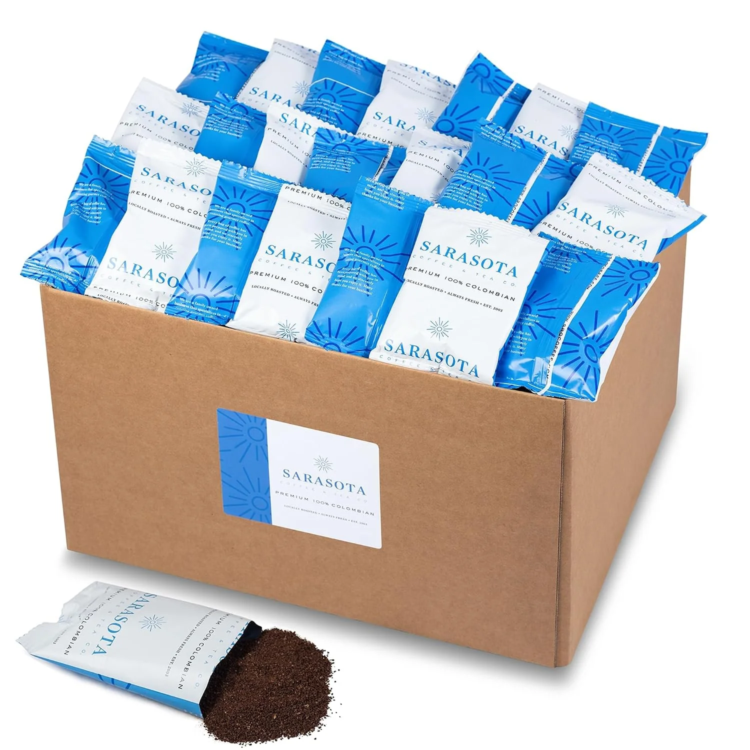 Trendy Colombian Coffee Packets – Medium Roast Ground 2oz Bulk Portion Packs for 12-Cup Drip Maker Pre-Measured Fractional Bags 100 Count Environmentally Friendly