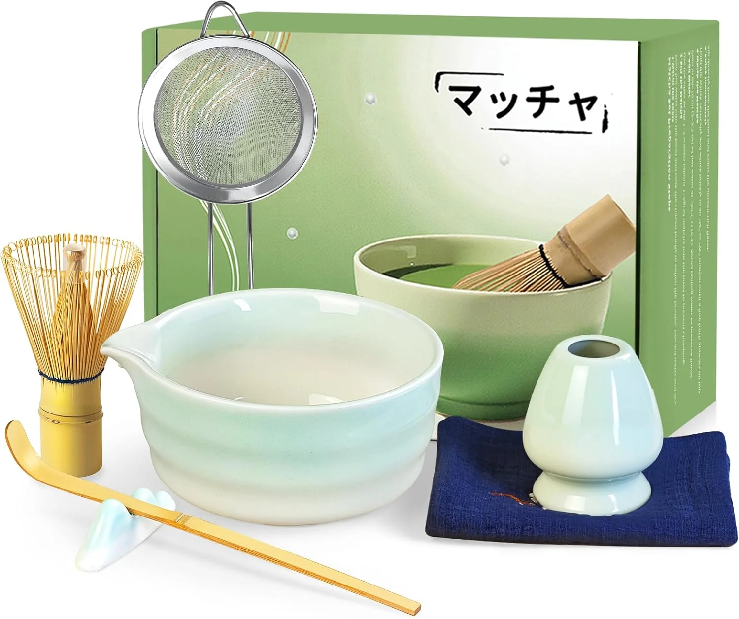 Solid Matcha Whisk Set 7 Pcs Ceramic Matcha Kit Matcha Bowl with Spout Matcha Whisk Holder Stainless Sifter Bamboo Scoop and Tea Towel Sustainable