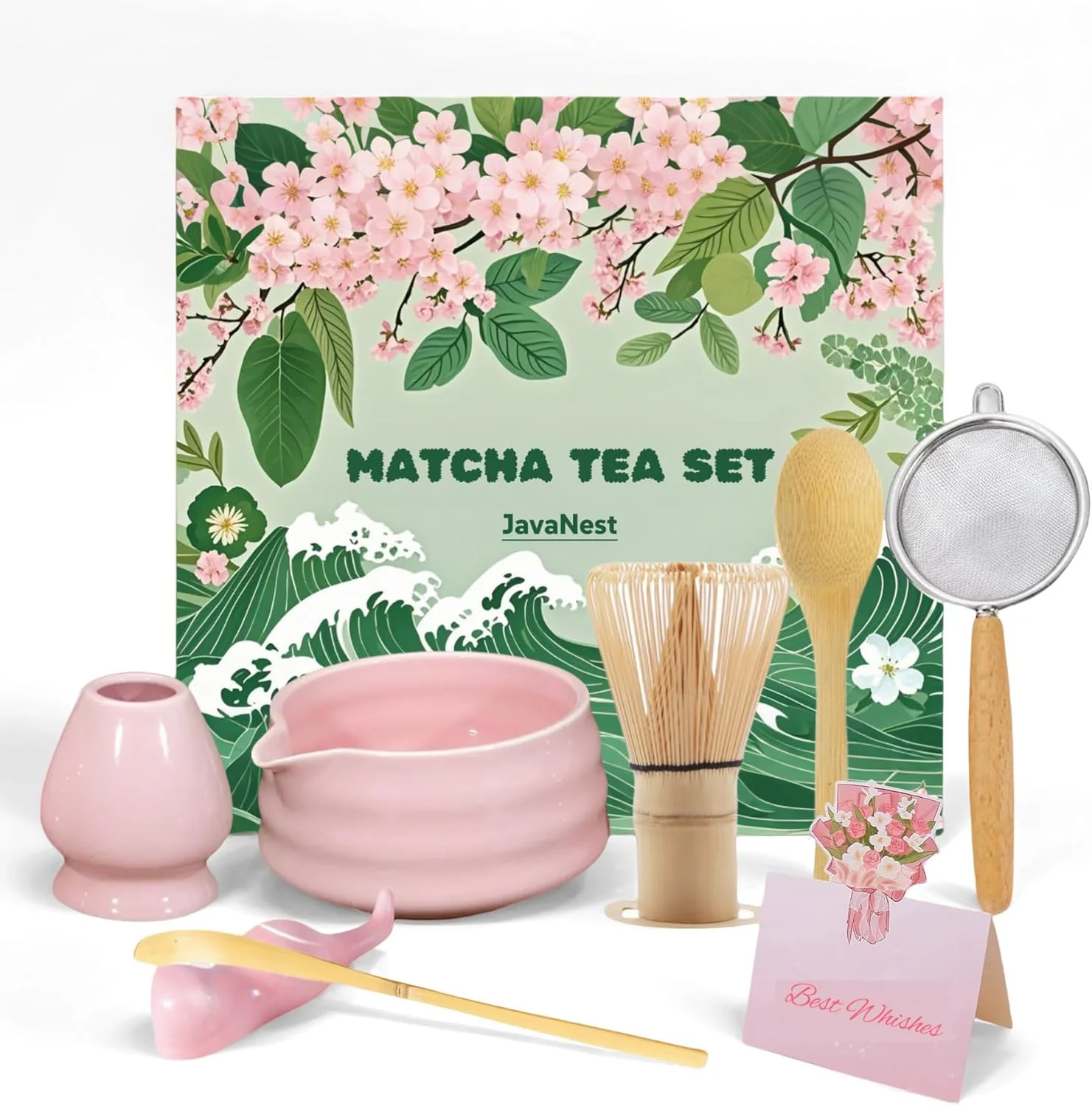 Fine 7-Piece Matcha Tea Set with Gift Card – 120-Prong Bamboo Whisk Ceramic Bowl with Spout Whisk Holder Scoop Spoon Strainer Scoop Holder Fine Crafted