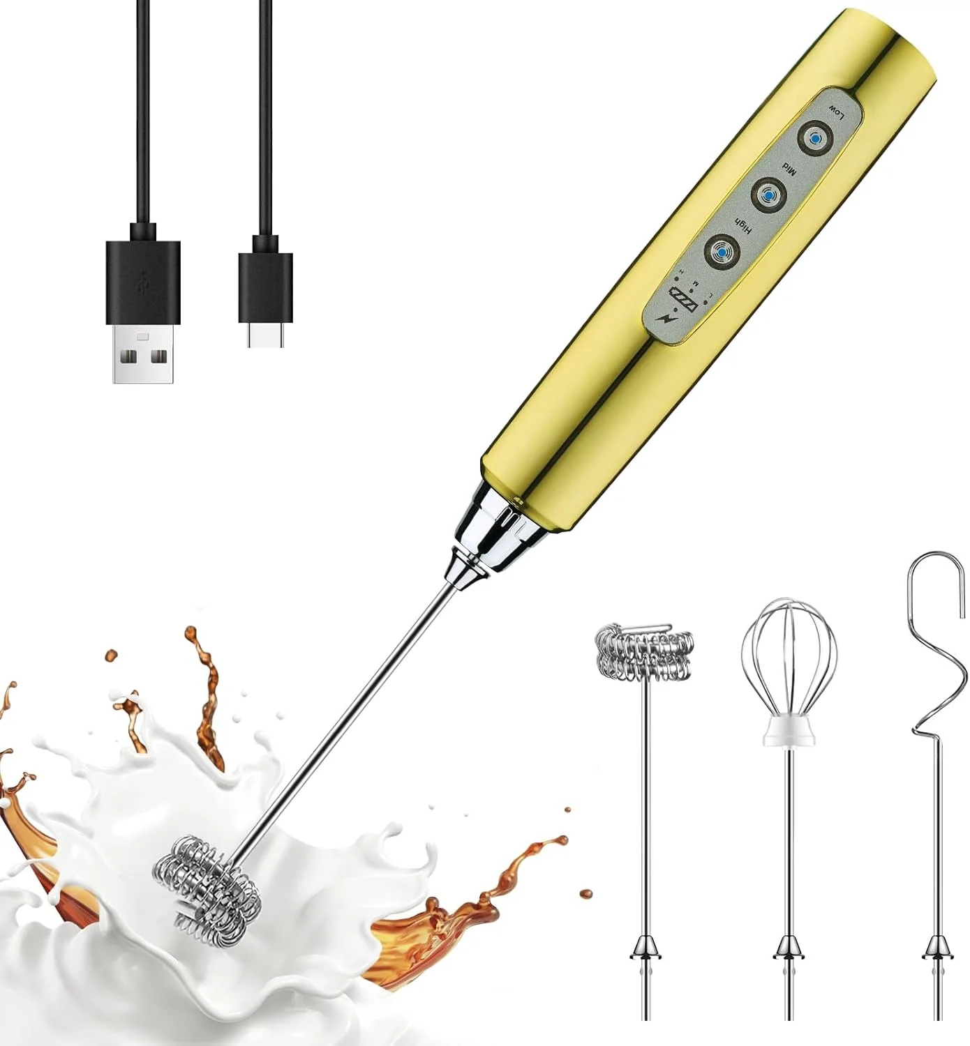 Smooth Yuswko Champagne Gold Handheld Milk Frother Wand for Coffee Rechargeable Electric Whisk with 3 Heads 3 Speeds Drink Mixer Coffee Frother For Latte Stylish