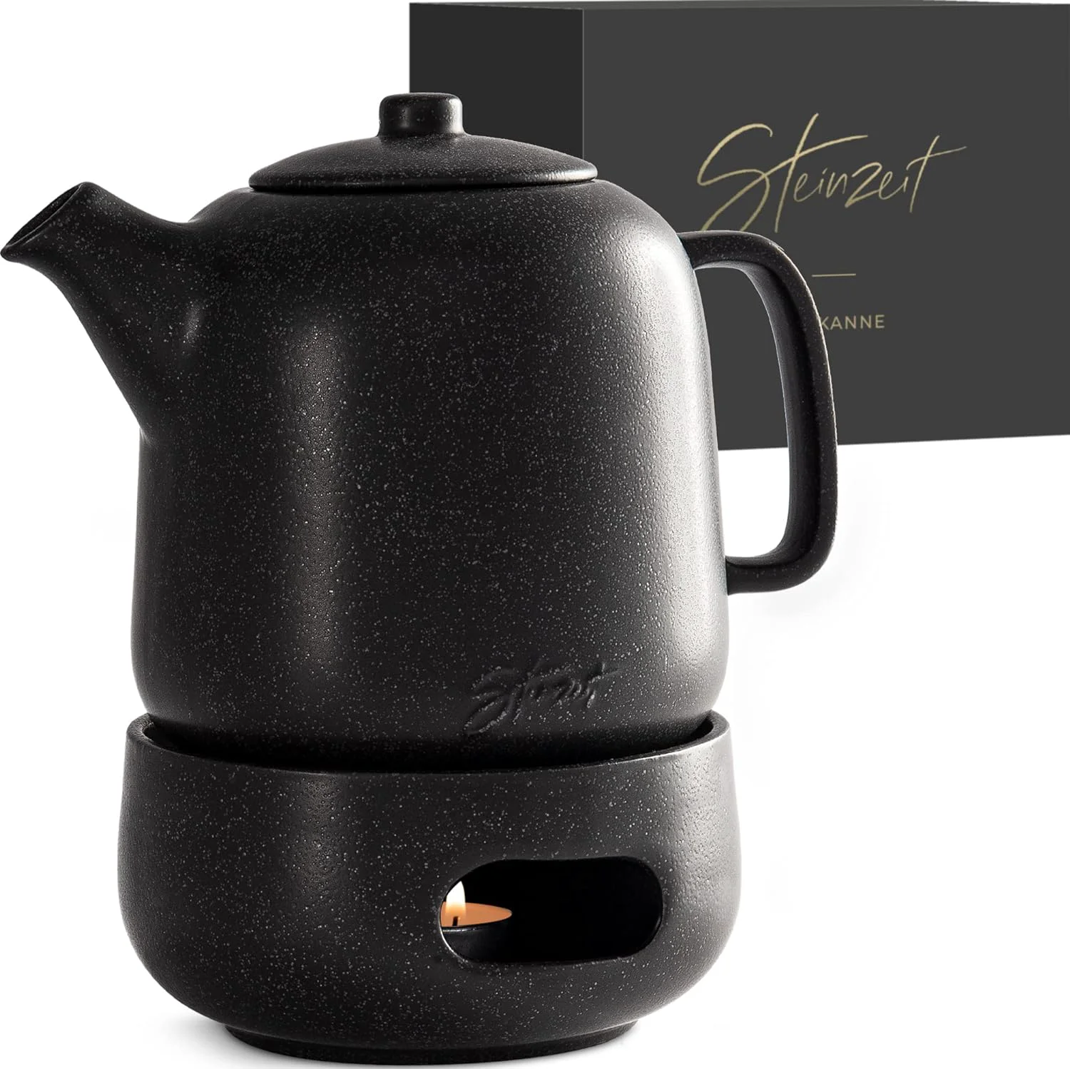 Expertly Made Steinzeit Design Tea Pot with Warmer 44 oz – Premium Ceramic Teapot with Infuser for Loose Tea – Black Teapot Ceramic with Removable Steamer Elegant