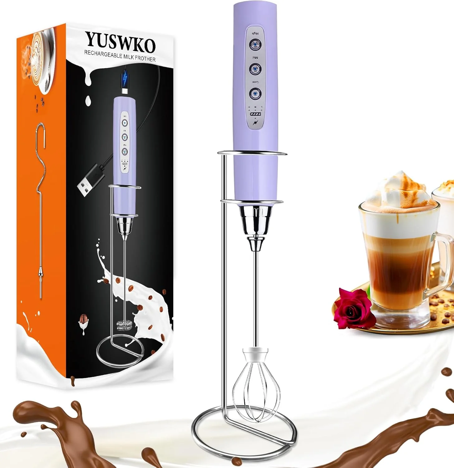 Artisan Yuswko Light Purple Rechargeable Milk Frother for Coffee with Stand Handheld Drink Mixer with 3 Heads 3 Speeds Electric Stirrers for Latte Exclusive