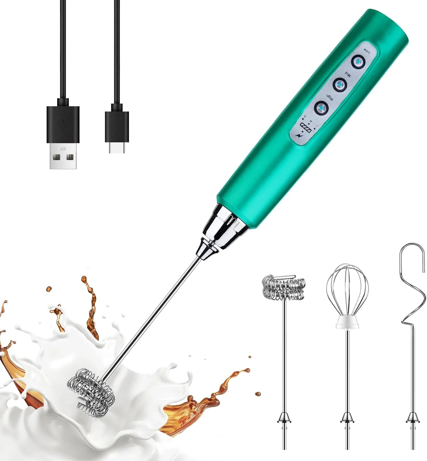 High-Grade Yuswko Turquoise Handheld Milk Frother Wand for Coffee Rechargeable Electric Whisk with 3 Heads 3 Speeds Drink Mixer Coffee Frother For Latte Proven