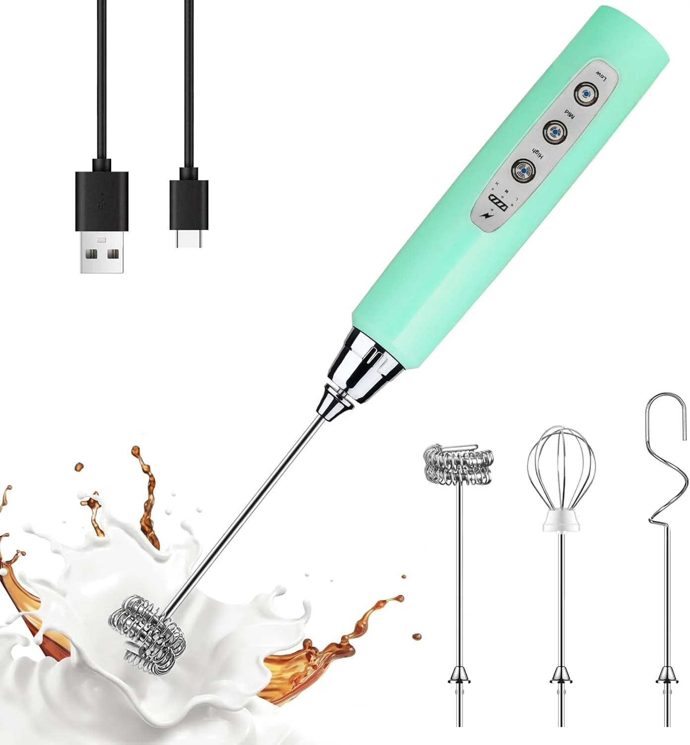Lightweight Yuswko Baby Blue Handheld Milk Frother Wand for Coffee Rechargeable Electric Whisk with 3 Heads 3 Speeds Drink Mixer Coffee Frother For Latte Secure