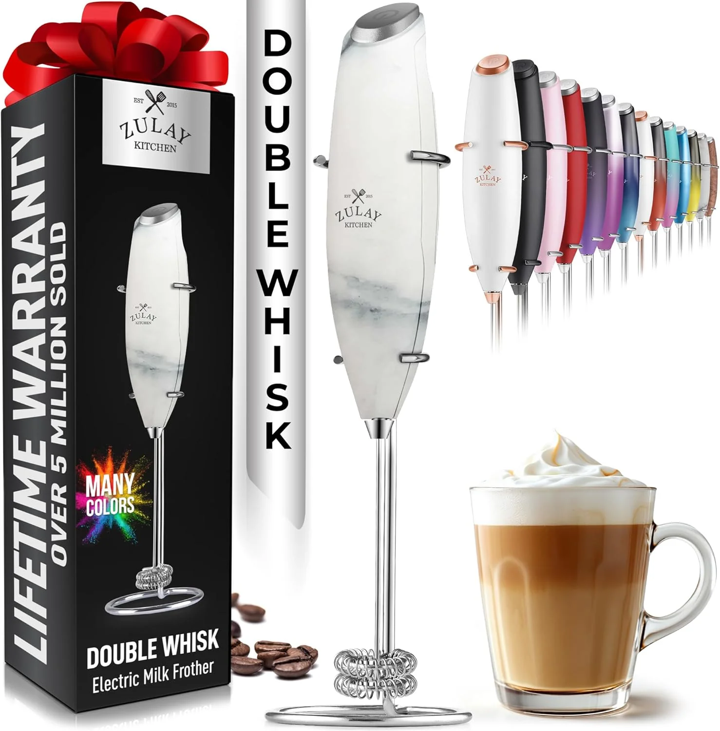 Eco-Friendly Zulay Kitchen Powerful Double Whisk Milk Frother Handheld – Foam Maker With Stand – Whisk Drink Mixer for Coffee Mini Foamer for Latte Matcha Trendy