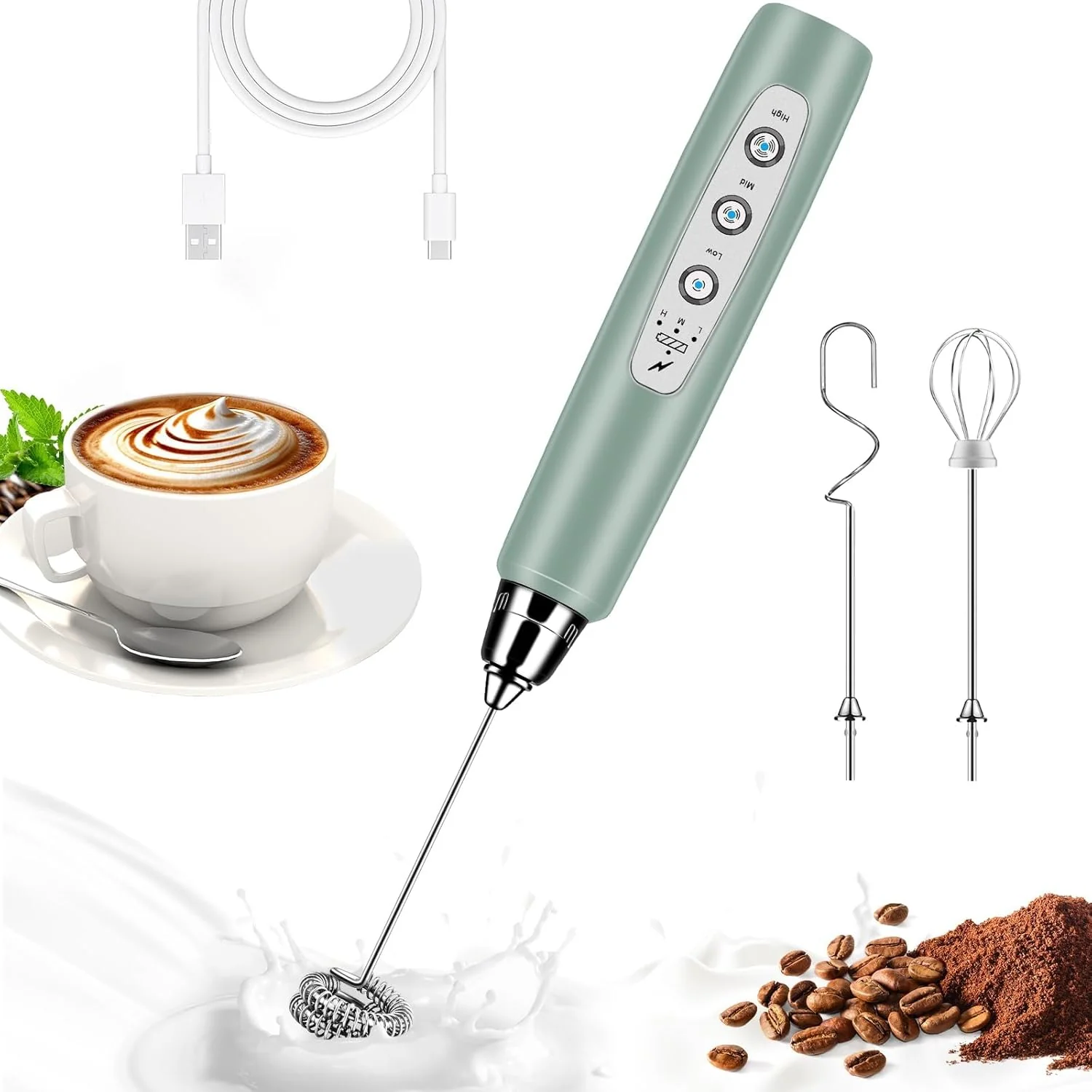 World-Class Milk Frother Handheld for Coffee Electric Whisk 3 Speed Adjustable Drink Mixer with Stainless 3 Whisks Rechargeable Hand Frother Wand Verified