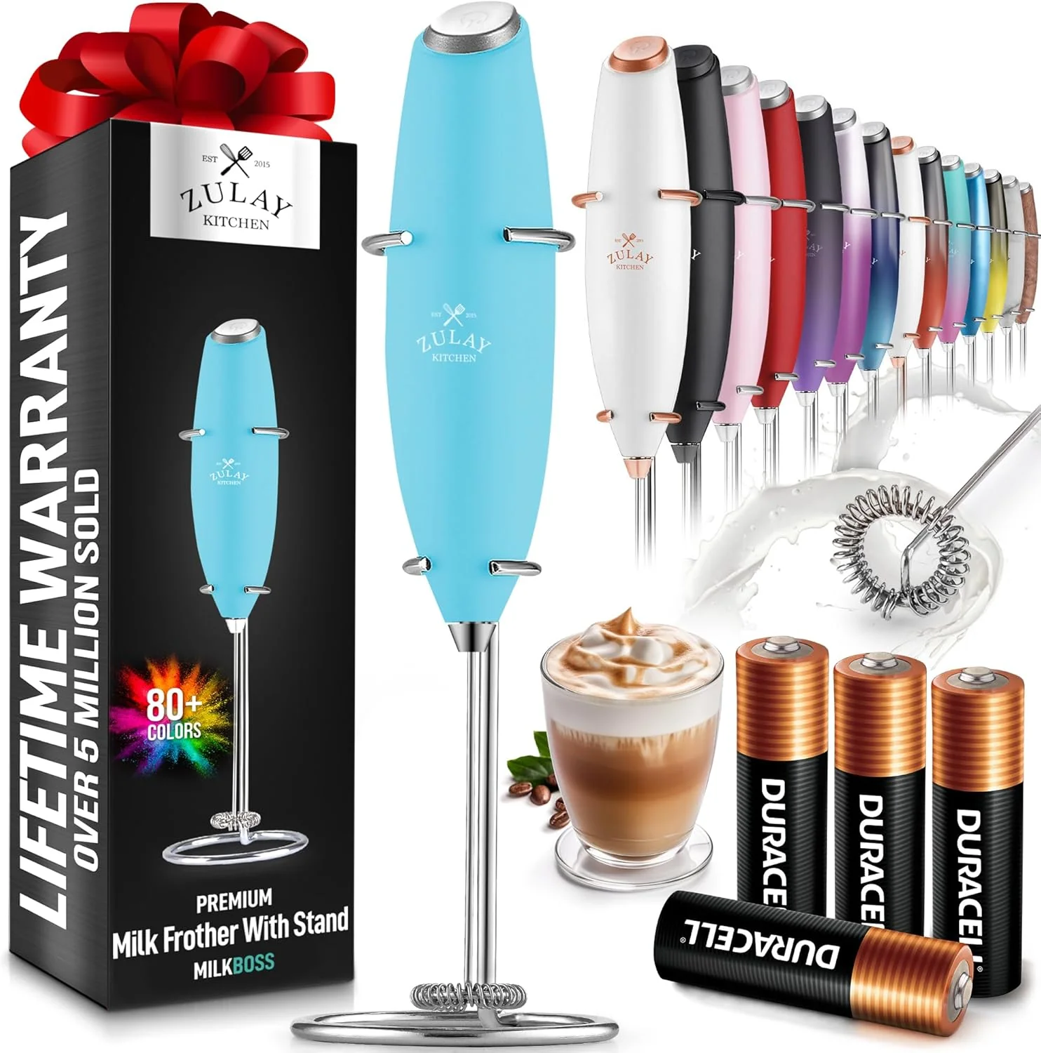 Professional Zulay Powerful Milk Frother 4 Duracell Batteries Included – Handheld Milk Frother Wand Drink Mixer for Coffee – Powerful Milk Foamer for Cappuccino Durable