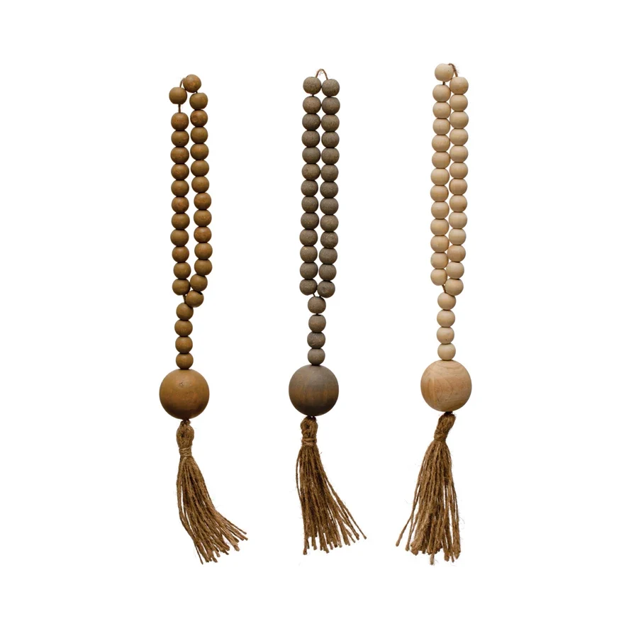 Specialty Wood Beads w Jute Rope Tassel Enhanced