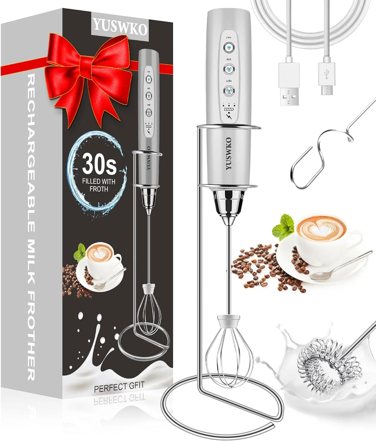 Elegant Yuswko Milk Frother Handheld for Coffee with Stand Rechargeable Drink Mixer with 3 Heads 3 Speeds Electric Coffee Frother Whisk Traditional