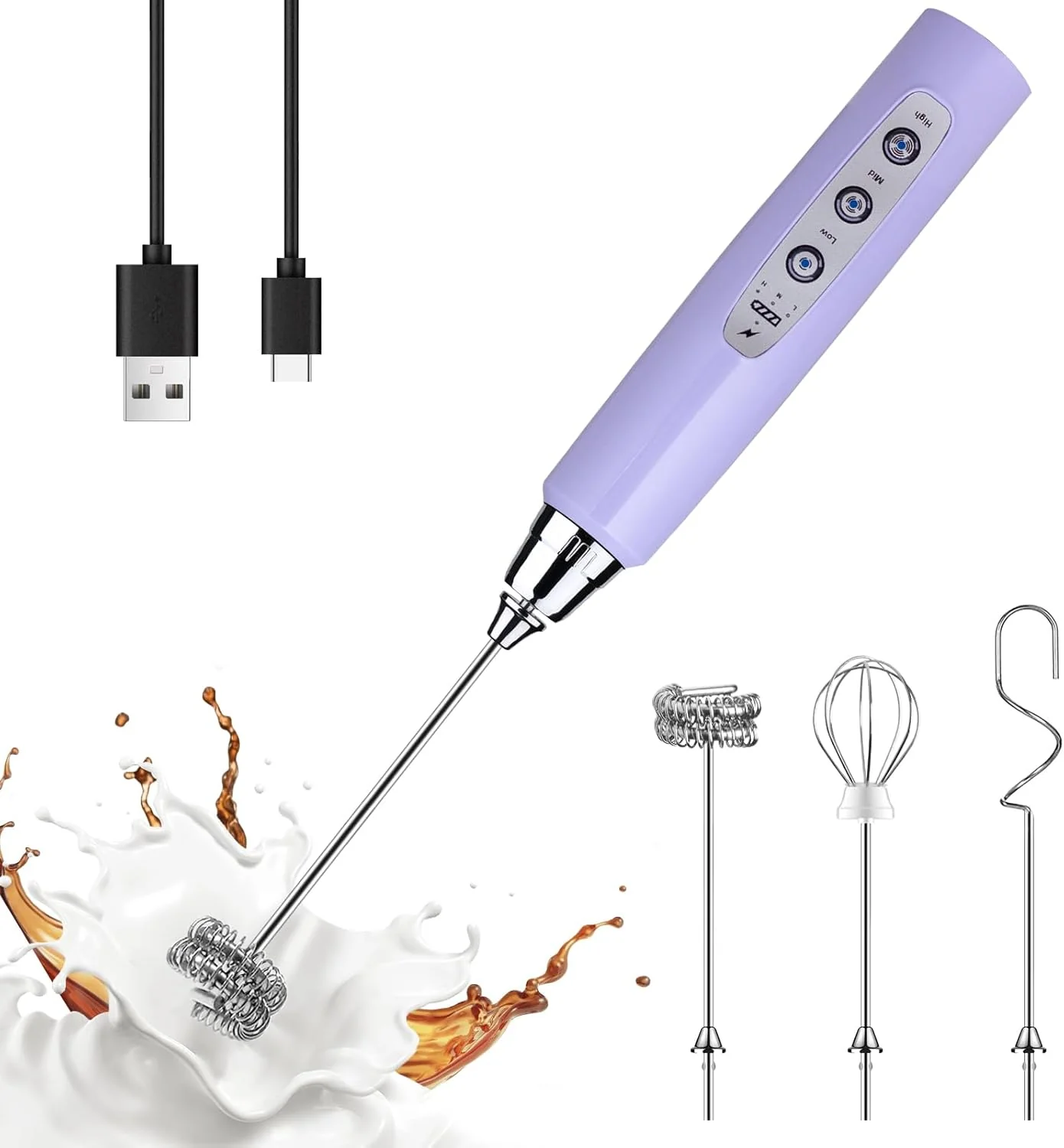 Authentic Yuswko Light Purple Handheld Milk Frother Wand for Coffee Rechargeable Electric Whisk with 3 Heads 3 Speeds Drink Mixer Coffee Frother For Latte Flexible