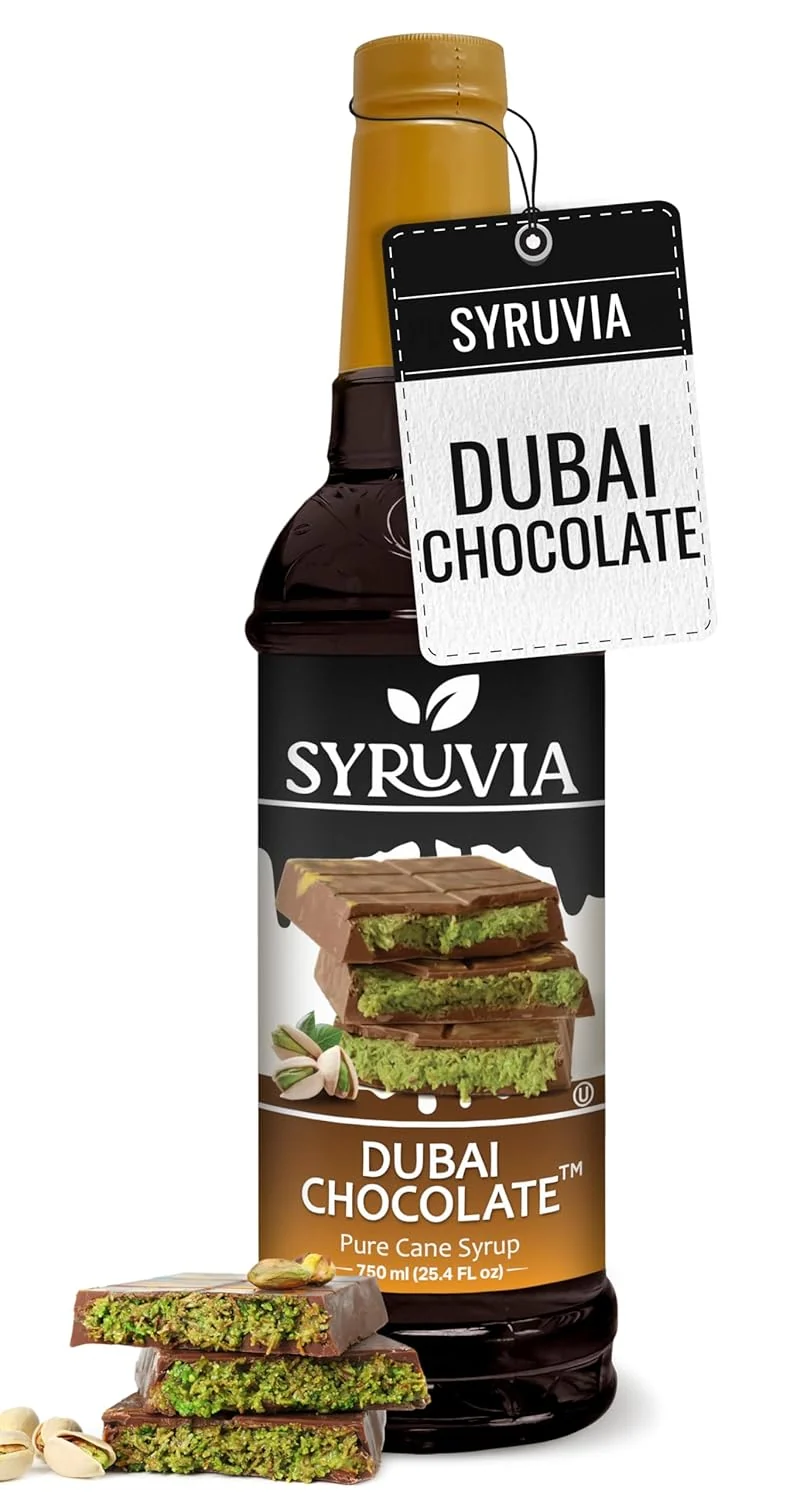 Luxury Syruvia Dubai Chocolate Coffee Syrup – 25.4 fl oz – Kosher Syrups Gluten No Coloring for Drinks Soda Shakes Desserts and More. Selected