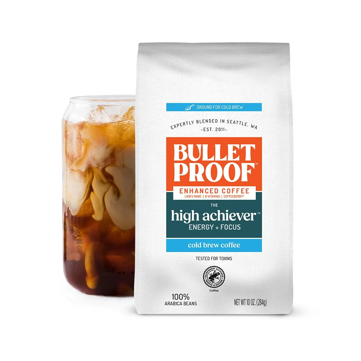 Modern Bulletproof The High Achiever Course Ground Cold Brew Coffee 10 Ounces Medium-Dark Roast Enhanced Coffee with Lion’s Mane Mushroom B Vitamins Versatile