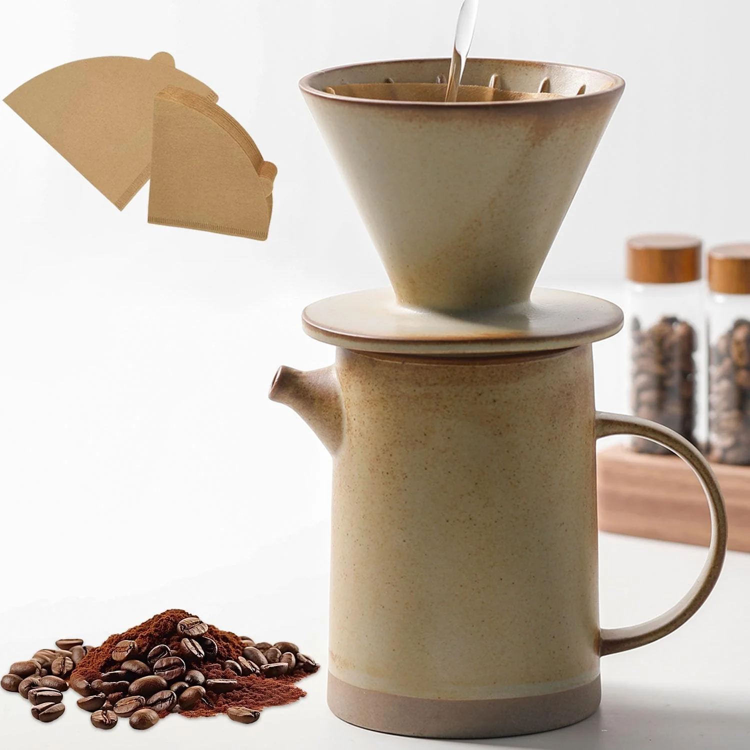 Contemporary DIF DECO Pour Over Coffee Maker Set Vintage Ceramic Pour Over Coffee Dripper Set with 20 Count Paper Coffee Filters for Home Café Restaurant Camping 15.8 Ounces Yellow Pure